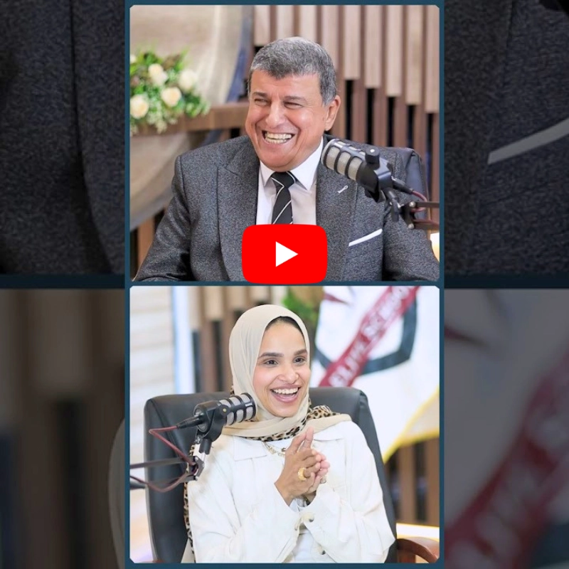 A split-screen media screenshot showing Dr. Noor Abdelbasst smiling behind a professional microphone during her interview on the Elite Podcast.